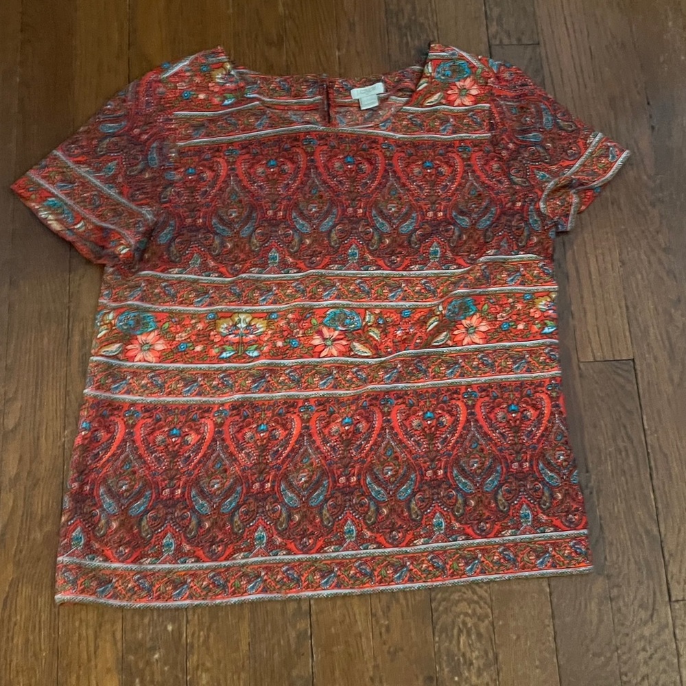 J. Crew Top Shirt Blouse Women's Small Red Floral Print Short Sleeve - Picture 3 of 5